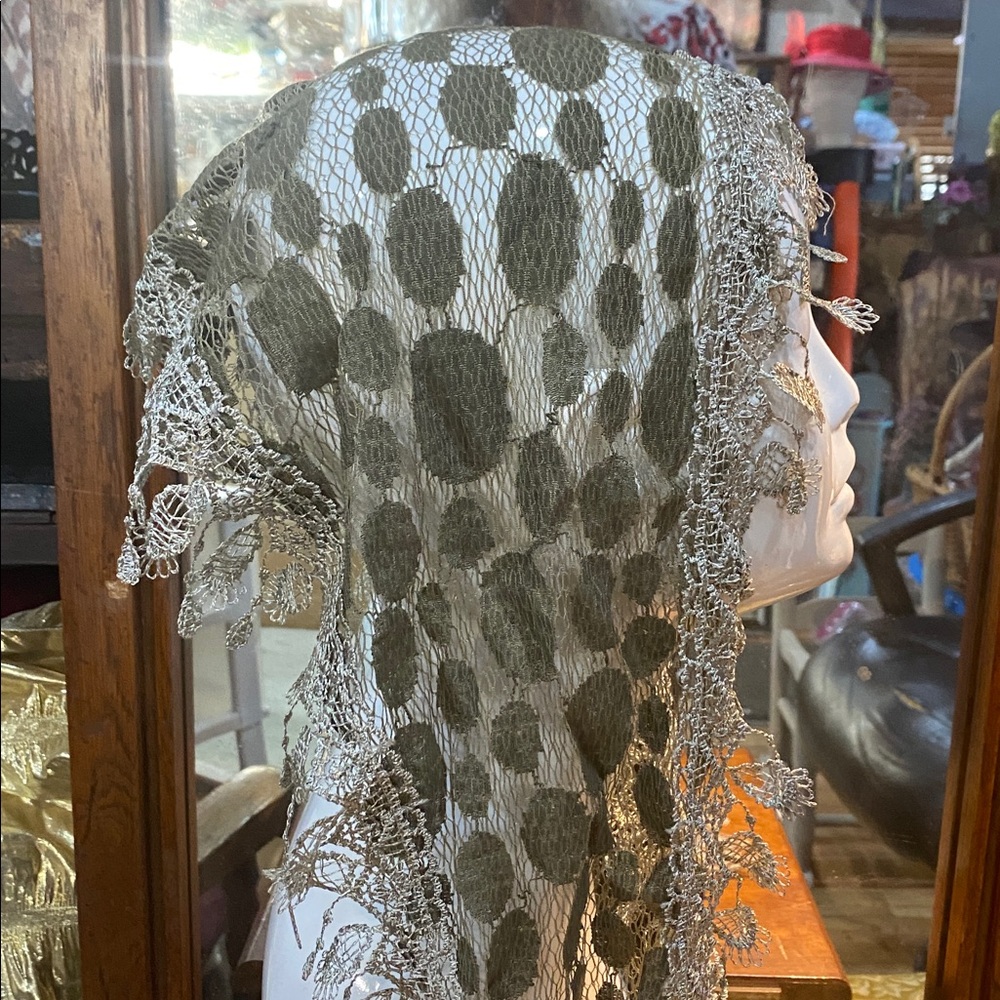 Olive Green Lace Trim Scarf 66 x 10 to 2 inch - Picture 3 of 5